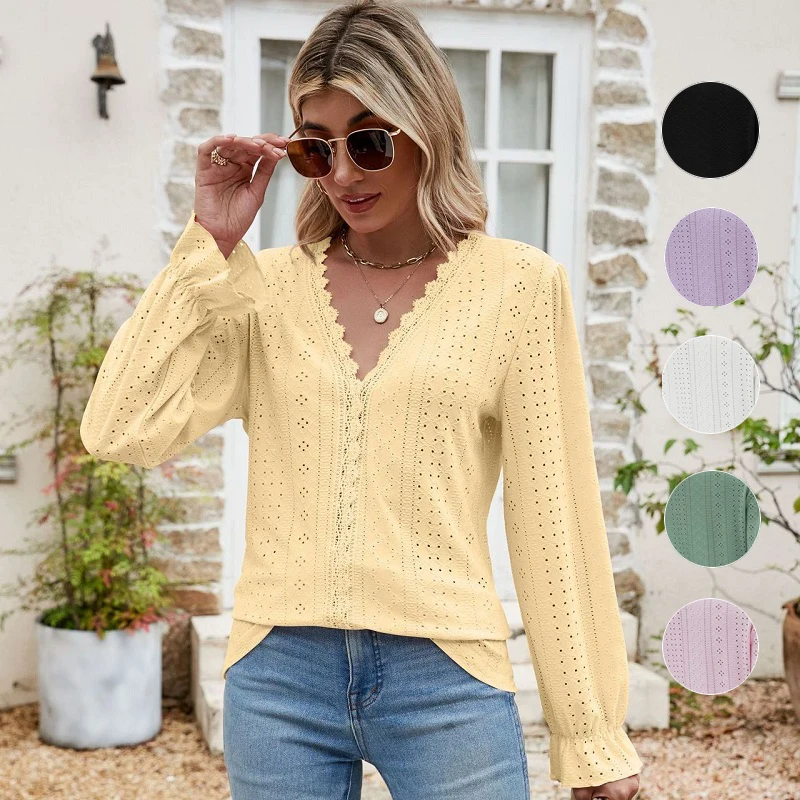 Hollow Lace Long Sleeve V-Neck Tops T-Shirt - Elegant Breathable for Spring and Summer - Womens Stylish TShirts Clothing
Hollow Lace Long Sleeve V-Neck Tops T-Shirt - Elegant Breathable for Spring and Summer - Womens Stylish TShirts Clothing