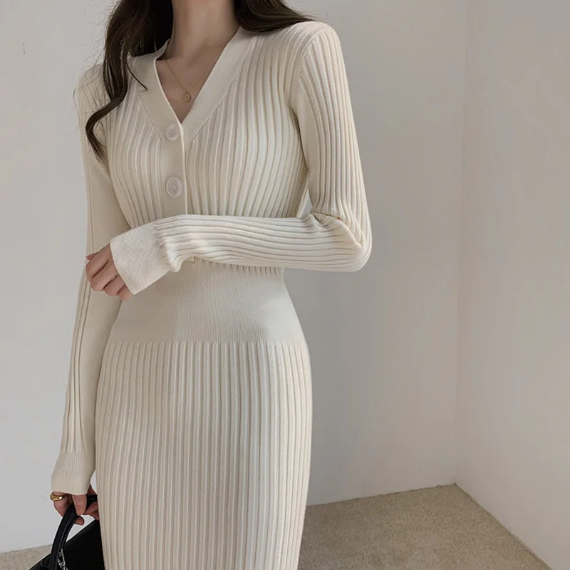 Vintage Knitted Sweater Long Sleeve Dresses Women Slim Korean Elegant Autumn Winter Button V-Neck Sweater Women Dress
Vintage Knitted Sweater Long Sleeve Dresses Women Slim Korean Elegant Autumn Winter Button V-Neck Sweater Women Dress