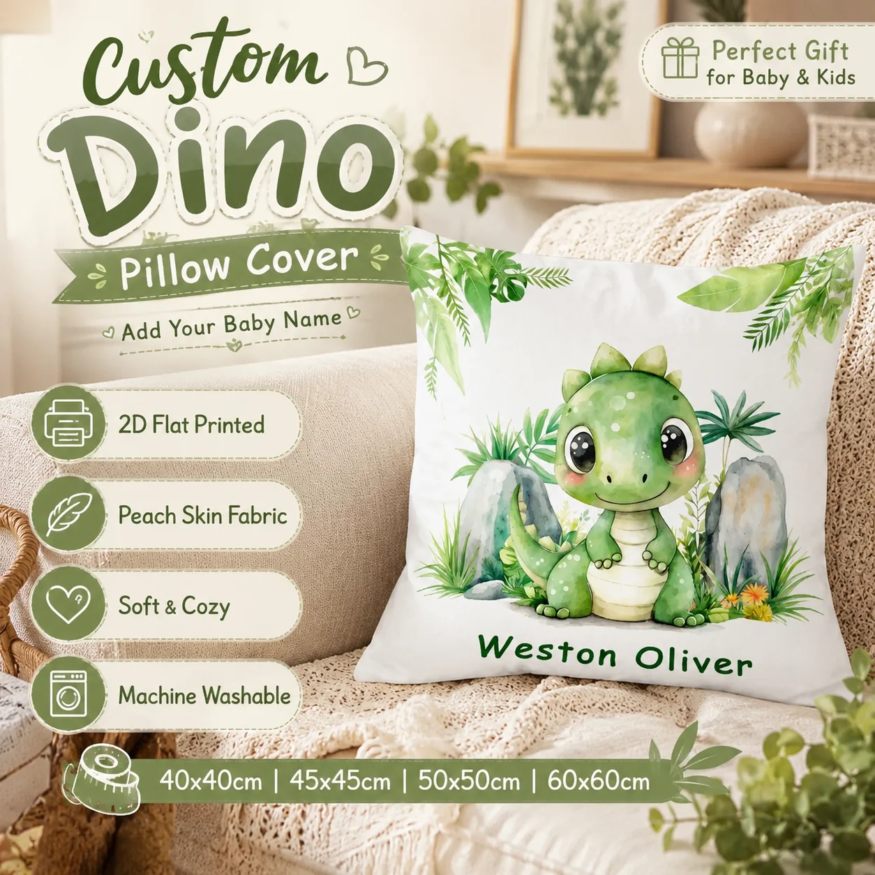 Custom Name Dinosaur Peach Skin Pillowcase 2D Flat Printed Cute Dino Cushion Cover for Kids Bedroom Nursery Decor Gift
Custom Name Dinosaur Peach Skin Pillowcase 2D Flat Printed Cute Dino Cushion Cover for Kids Bedroom Nursery Decor Gift
