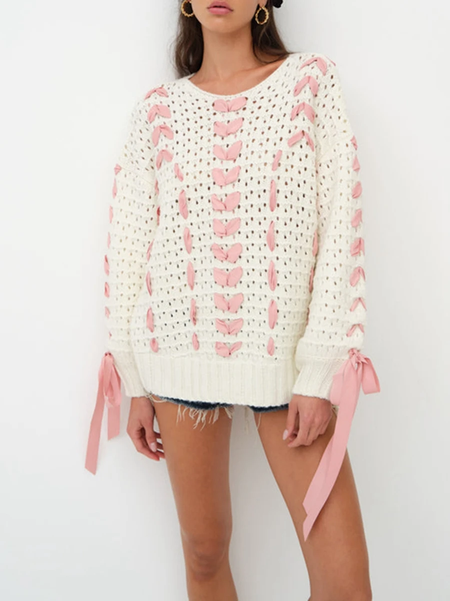 Women Knit Sweater Hollowed Ribbon Lace-up Long Sleeve Crew Neck Pullovers Sweet Loose Contrast Color Warm Knitwear Fall Winter
Women Knit Sweater Hollowed Ribbon Lace-up Long Sleeve Crew Neck Pullovers Sweet Loose Contrast Color Warm Knitwear Fall Winter