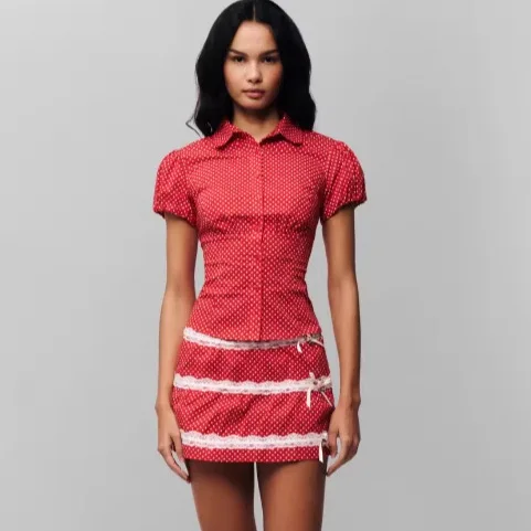 Women Red Polka Dot Short Sleeve Button Up Shirt And Lace Trim Mini Skirt Casual Outfit Pure Desire Bowknot Charming Casual 86SA
Women Red Polka Dot Short Sleeve Button Up Shirt And Lace Trim Mini Skirt Casual Outfit Pure Desire Bowknot Charming Casual 86SA