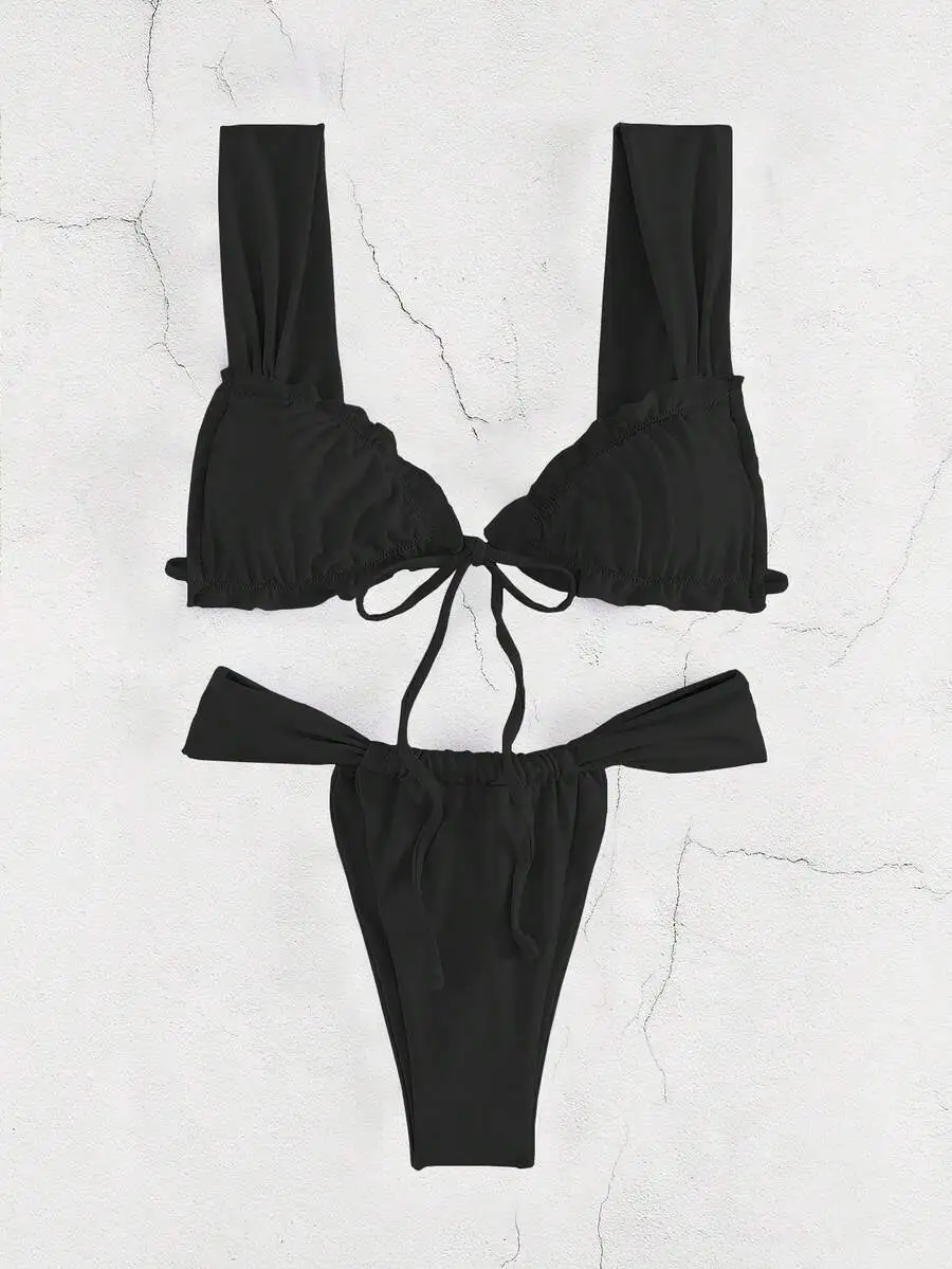 Black Solid Color Tie Front Ruched Bikini Set For Women Summer Beach Swimwear
Black Solid Color Tie Front Ruched Bikini Set For Women Summer Beach Swimwear
