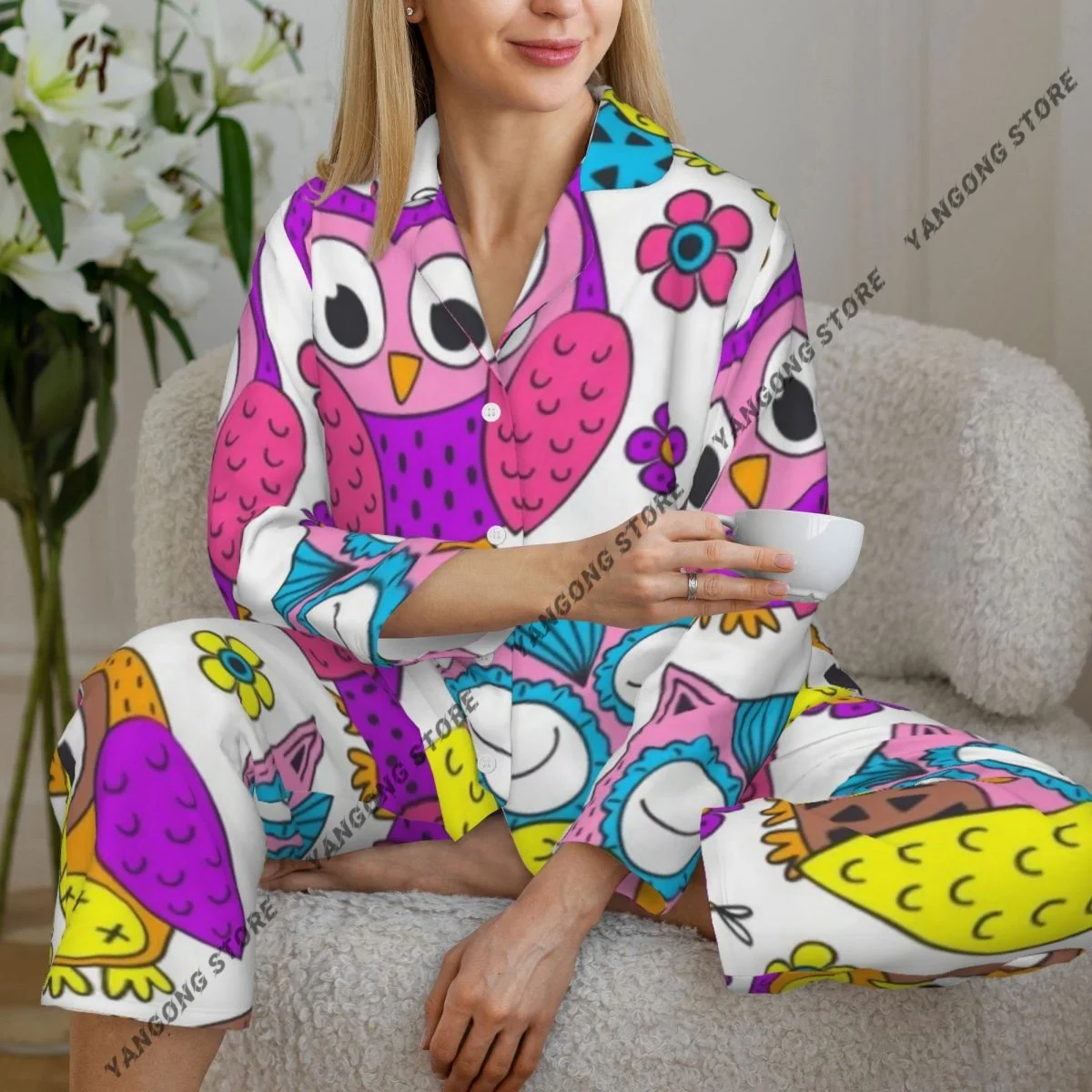 Spring and Autumn Long Sleeve Pants Pajamas Loungewear Set Cute Owl Women's Pull Edge Loose Sleeping Suit
Spring and Autumn Long Sleeve Pants Pajamas Loungewear Set Cute Owl Women's Pull Edge Loose Sleeping Suit