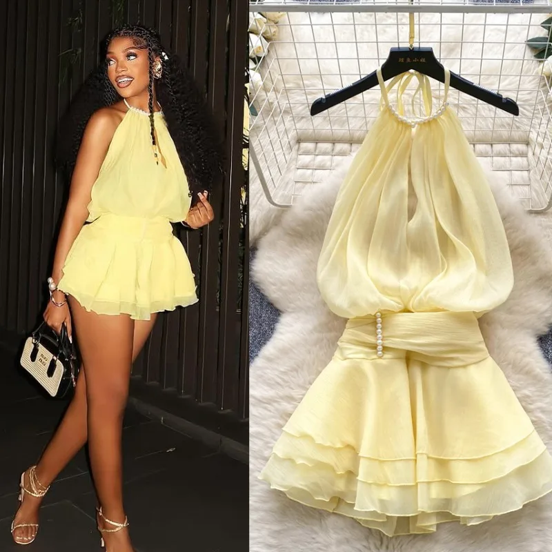 Pearls Pleated Ruffles Chiffon Mini Dress Women Fashion Sexy Lace Up Halter Backless Vacation Beachwear Casual Streetwear
Pearls Pleated Ruffles Chiffon Mini Dress Women Fashion Sexy Lace Up Halter Backless Vacation Beachwear Casual Streetwear