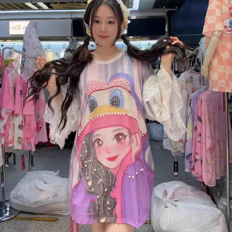 Sweet Princess Elegant Lace Half Sleeve Women T-shirt Mid-long Summer Loose Pullover Top Cartoon Beads Casual Students Dress
Sweet Princess Elegant Lace Half Sleeve Women T-shirt Mid-long Summer Loose Pullover Top Cartoon Beads Casual Students Dress
