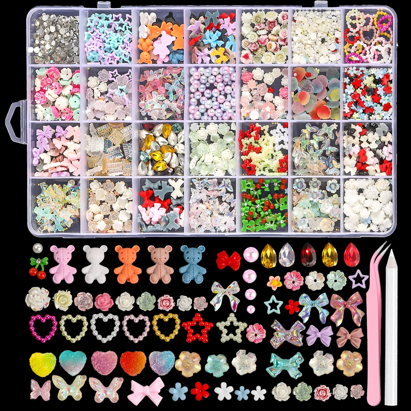 Unscented DIY Craft Embellishments: 24 Grid 3D Nail Art Decoration Kit with Resin Bows, Bow Little Bear, and Assorted Shapes
Unscented DIY Craft Embellishments: 24 Grid 3D Nail Art Decoration Kit with Resin Bows, Bow Little Bear, and Assorted Shapes