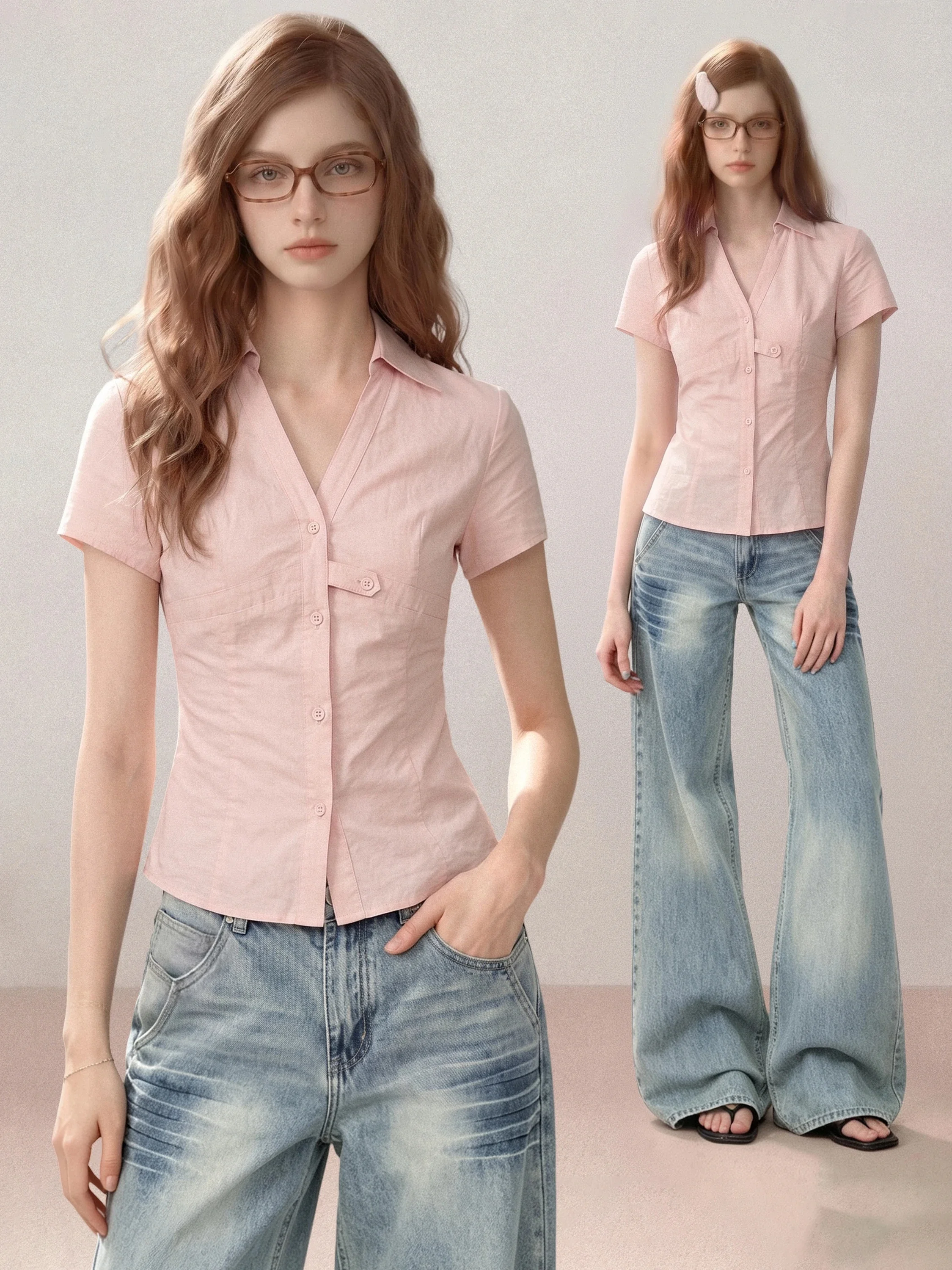 Pink V-Neck Short Sleeve Slim Fit Shirt Women's Summer Commute Waist-Cinching Top Korean Style Regular Thickness Casual Shirt
Pink V-Neck Short Sleeve Slim Fit Shirt Women's Summer Commute Waist-Cinching Top Korean Style Regular Thickness Casual Shirt