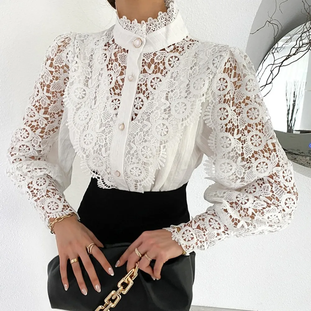 Elegant Lace Tops Embroidery Hollow Out Solid Stand Collar Female Tunic Plus Size Petal Sleeve Spring Womens Tops And Blouses 
Elegant Lace Tops Embroidery Hollow Out Solid Stand Collar Female Tunic Plus Size Petal Sleeve Spring Womens Tops And Blouses