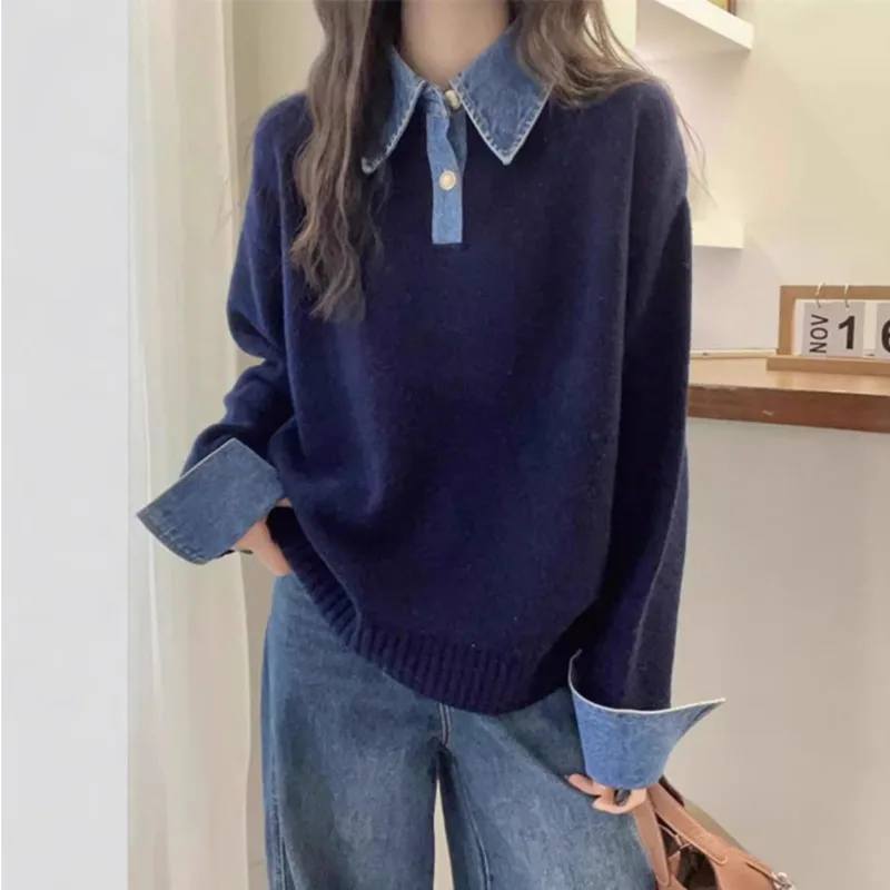 Джинсовый вязаный свитер с воротником-поло в стиле пэчворк, искусственный женский осенний свитер из двух предметов, элегантный однотонный пуловер разных стилей
Джинсовый вязаный свитер с воротником-поло в стиле пэчворк, искусственный женский осенний свитер из двух предметов, элегантный однотонный пуловер разных стилей