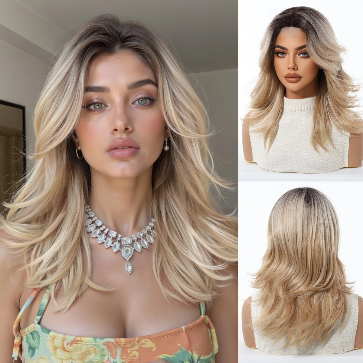 Brown Blonde Ombre Medium Length Wavy Synthetic Wig With Middle Part Layered Curls And Flipped Ends Heat Resistant Natural Daily
Brown Blonde Ombre Medium Length Wavy Synthetic Wig With Middle Part Layered Curls And Flipped Ends Heat Resistant Natural Daily