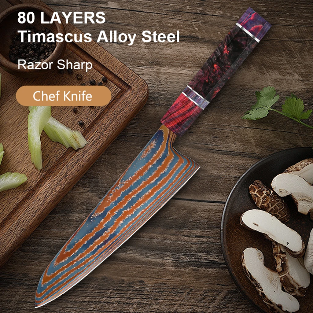 8-дюймовый кухонный нож шеф-повара из дамасской стали, лезвие ножа Timascus, титановая огранка, стабилизированная цветная деревянная ручка для овощей и мяса
8-дюймовый кухонный нож шеф-повара из дамасской стали, лезвие ножа Timascus, титановая огранка, стабилизированная цветная деревянная ручка для овощей и мяса