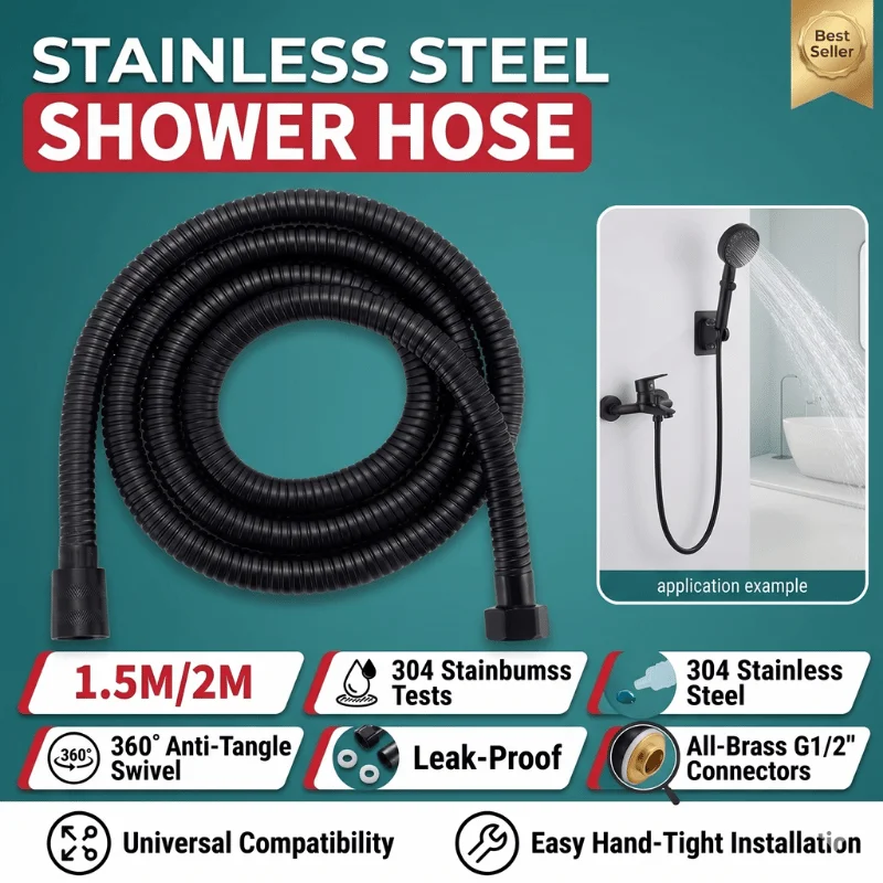 Black Stainless Steel Shower Hose 1.5m/2m, High-Density Anti-Burst Flexible Laundry Pipe with Brass Nuts, Universal G1/2"
Black Stainless Steel Shower Hose 1.5m/2m, High-Density Anti-Burst Flexible Laundry Pipe with Brass Nuts, Universal G1/2"