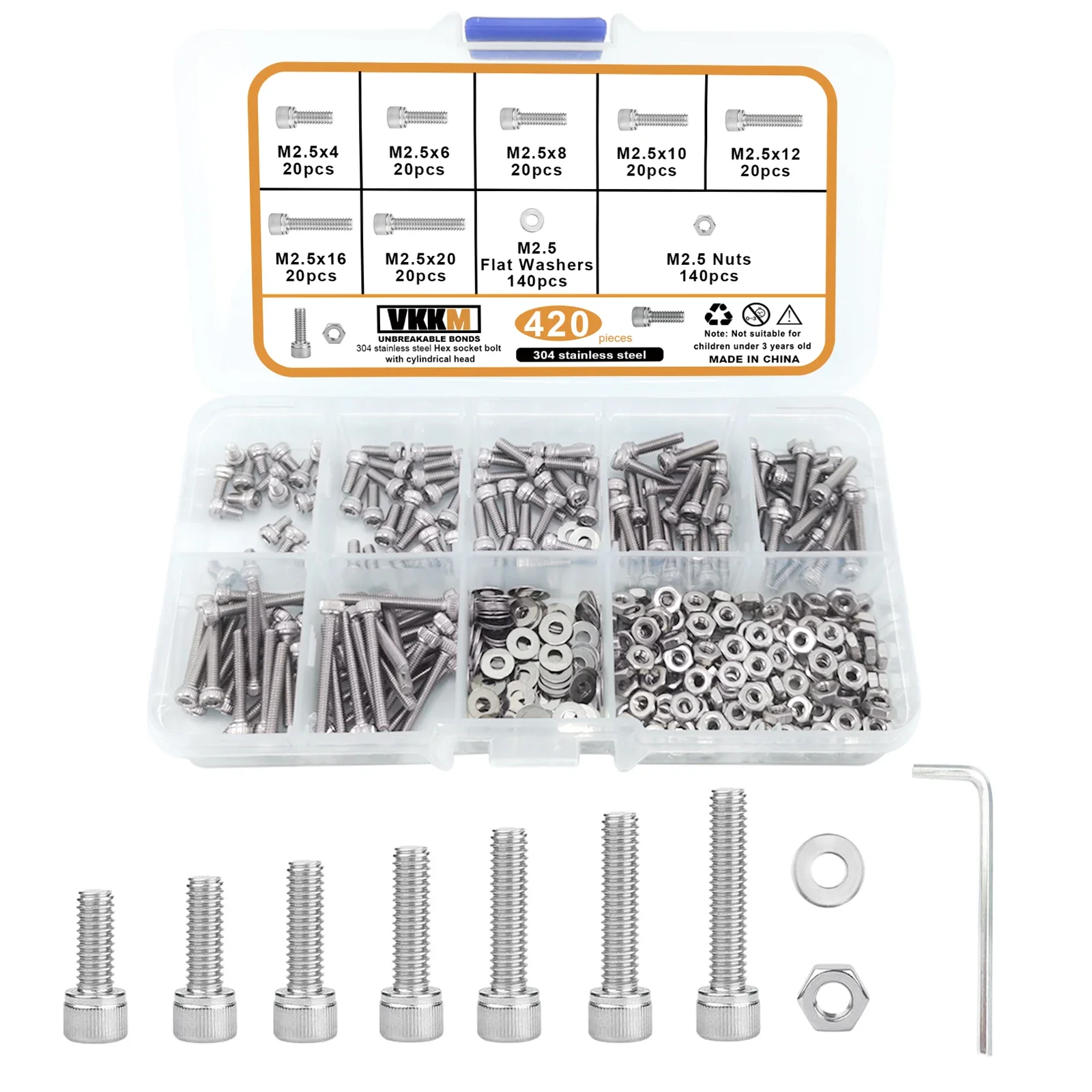 420Pcs M2.5 Hex Head Screw And Nut Combination, M2.5×4/6/8/10/12/16/20mm Stainless Steel Screw, Cup Head Screw With Allen Wrenc
420Pcs M2.5 Hex Head Screw And Nut Combination, M2.5×4/6/8/10/12/16/20mm Stainless Steel Screw, Cup Head Screw With Allen Wrenc