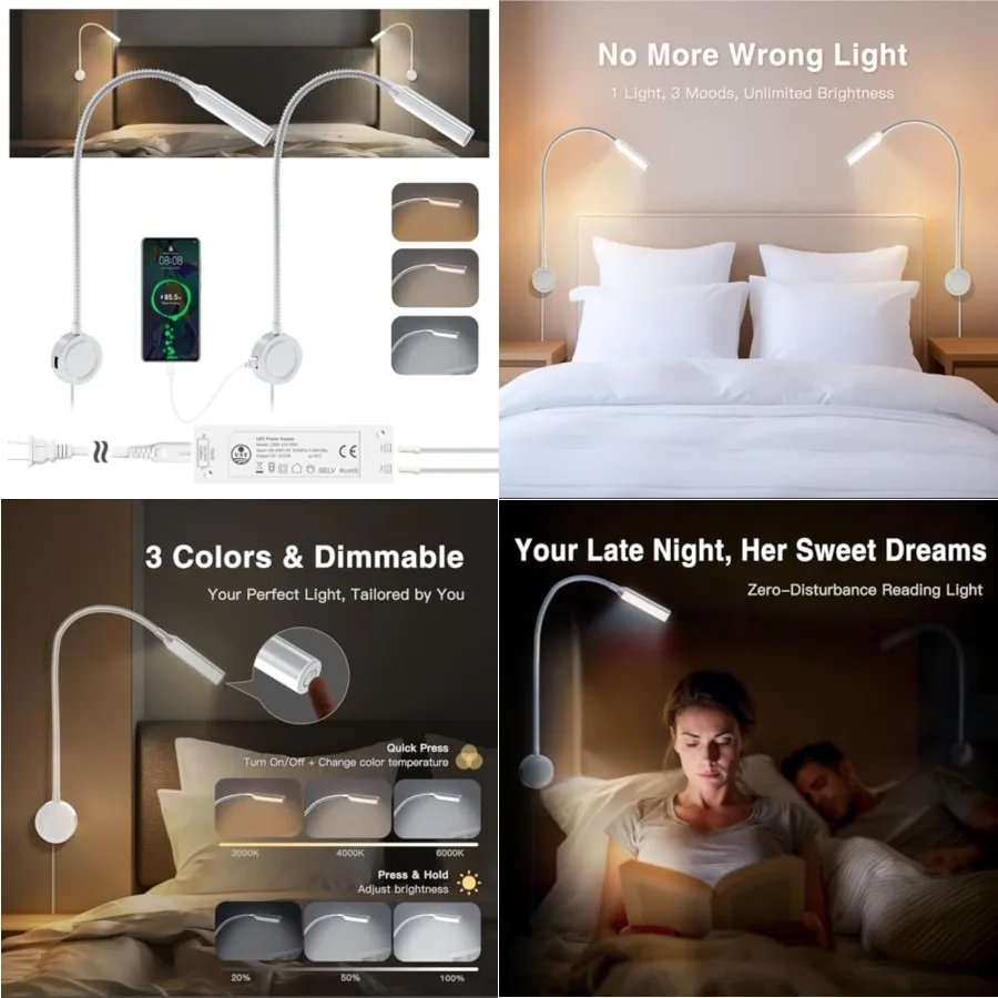 Books Lights for Headboard, Bedside Wall Mounted Reading Lamp, Reading Light Touch to Adjust Color Temp 3000K/4000K/6000K and B
Books Lights for Headboard, Bedside Wall Mounted Reading Lamp, Reading Light Touch to Adjust Color Temp 3000K/4000K/6000K and B