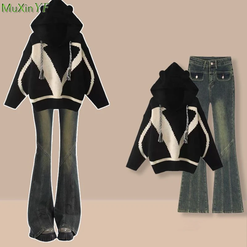 Women Autumn Winter Hooded Sweater Flare Denim Pants 1 or 2 Piece Set Lady Fashion Letter Black Knit Pullover Jeans Outfits 2023
Women Autumn Winter Hooded Sweater Flare Denim Pants 1 or 2 Piece Set Lady Fashion Letter Black Knit Pullover Jeans Outfits 2023