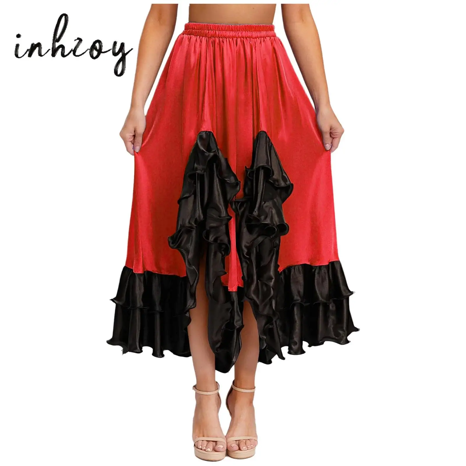 Womens Classical Flamenco Dance Skirt Ruffled Trim Irregular Hem Contrast Color Satin Big Swing Skirt for Spanish Dance Tango
Womens Classical Flamenco Dance Skirt Ruffled Trim Irregular Hem Contrast Color Satin Big Swing Skirt for Spanish Dance Tango