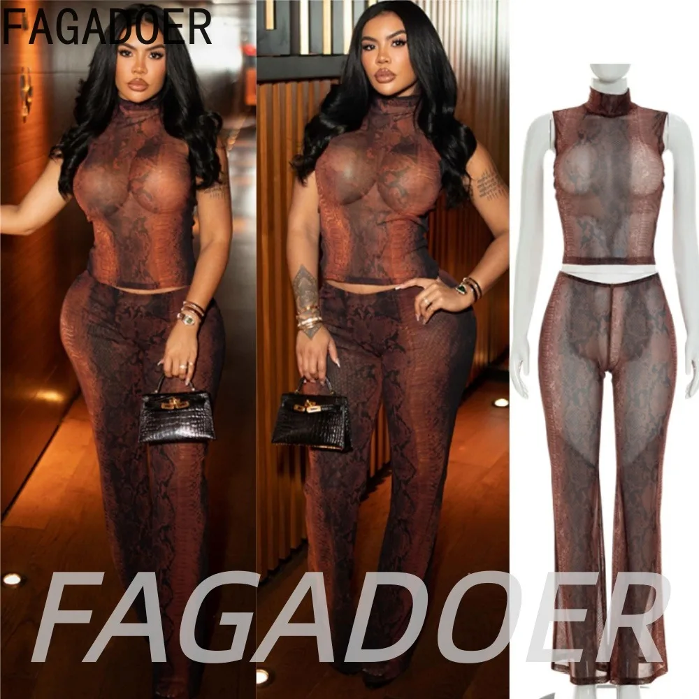 FAGADOER Sexy Mesh Snake Pattern Print Pants 2 Piece Sets Summer Hot Girl See Through High Neck Crop Top and Flare Pants Outfits
FAGADOER Sexy Mesh Snake Pattern Print Pants 2 Piece Sets Summer Hot Girl See Through High Neck Crop Top and Flare Pants Outfits