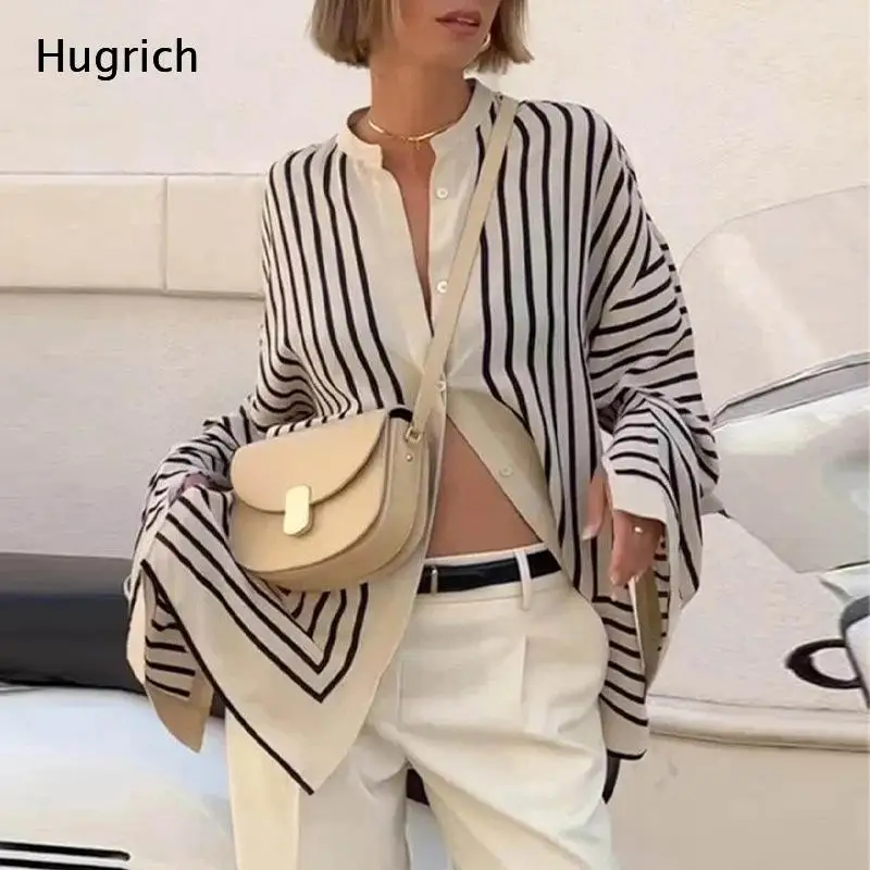 Oversized Black and Beige Striped Shirt with Notched V-Neckline and Extra Wide Flowy Sleeves Relaxed Fit Casual Top
Oversized Black and Beige Striped Shirt with Notched V-Neckline and Extra Wide Flowy Sleeves Relaxed Fit Casual Top
