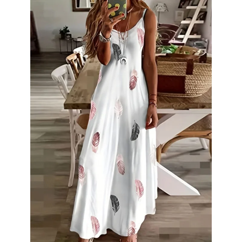 Spring and Summer New Sleeveless Slim Feather Print Low-CutVWomen's Long Dress with Strap Collar and Flared Hem
Spring and Summer New Sleeveless Slim Feather Print Low-CutVWomen's Long Dress with Strap Collar and Flared Hem