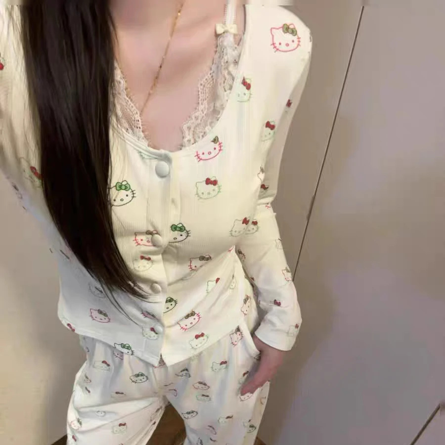 Hello Kitty Pajamas Cute Printing Nylon Lace Long Sleeved Pants New Spring Autumn Fashion Comfortable Home Suit Set
Hello Kitty Pajamas Cute Printing Nylon Lace Long Sleeved Pants New Spring Autumn Fashion Comfortable Home Suit Set