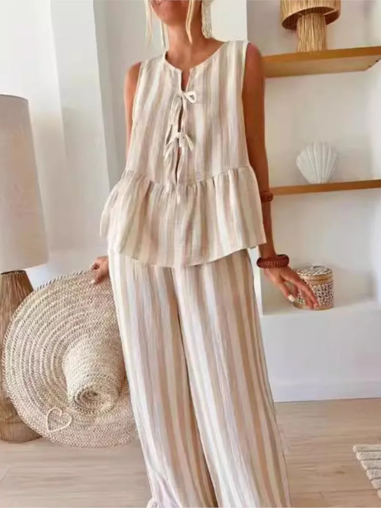 2025 Women Casual Sleeveless Loose Two Piece Set Summer Elegant Striped Print Beach Suit Fashion O-neck Lace-up Top Long Pants
2025 Women Casual Sleeveless Loose Two Piece Set Summer Elegant Striped Print Beach Suit Fashion O-neck Lace-up Top Long Pants