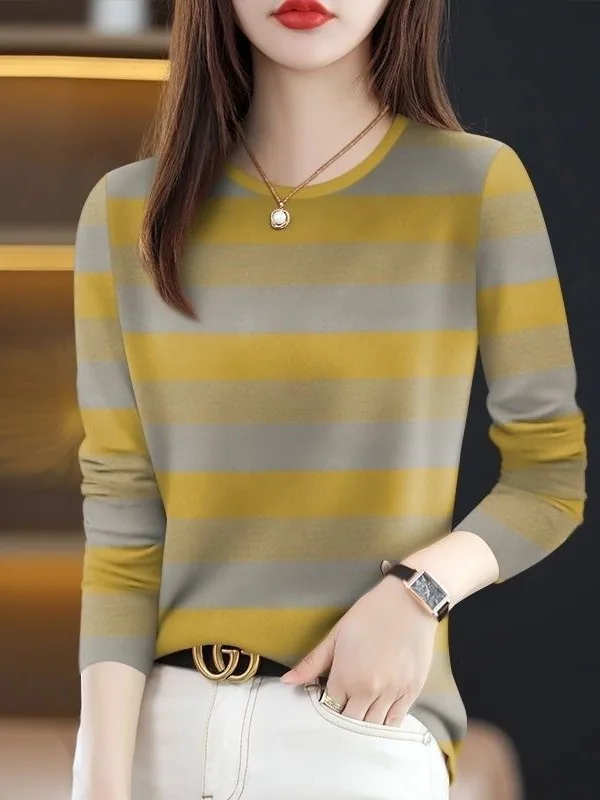 High-End Striped Long Sleeve T-Shirt Women's Casual Top Belly Concealing Slimming Mommy Clothes Middle-Aged Leisure Fashion
High-End Striped Long Sleeve T-Shirt Women's Casual Top Belly Concealing Slimming Mommy Clothes Middle-Aged Leisure Fashion