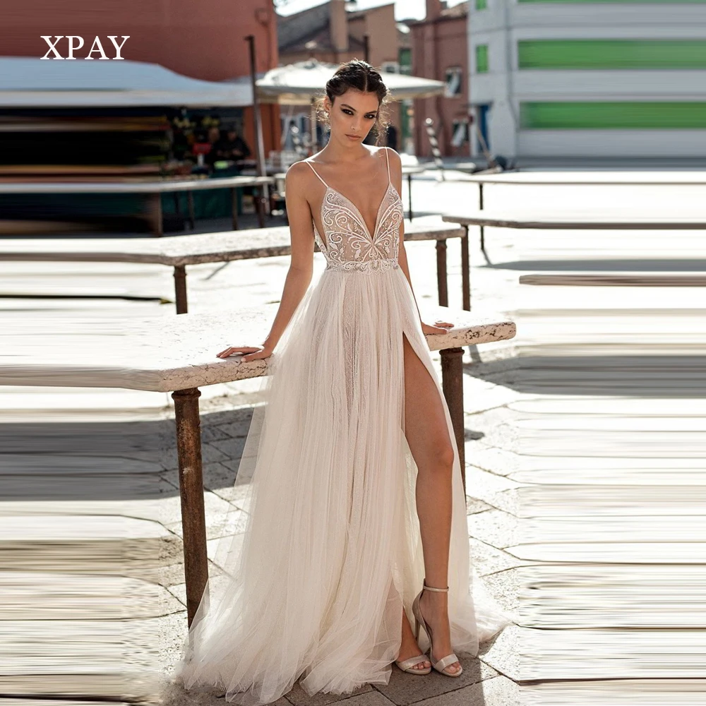 XPAY Sexy Spaghetti Straps Boho A Line Wedding Dresses Beach Lace Top Split Tulle Skirt Backless Bohemian Bridal Gowns
XPAY Sexy Spaghetti Straps Boho A Line Wedding Dresses Beach Lace Top Split Tulle Skirt Backless Bohemian Bridal Gowns