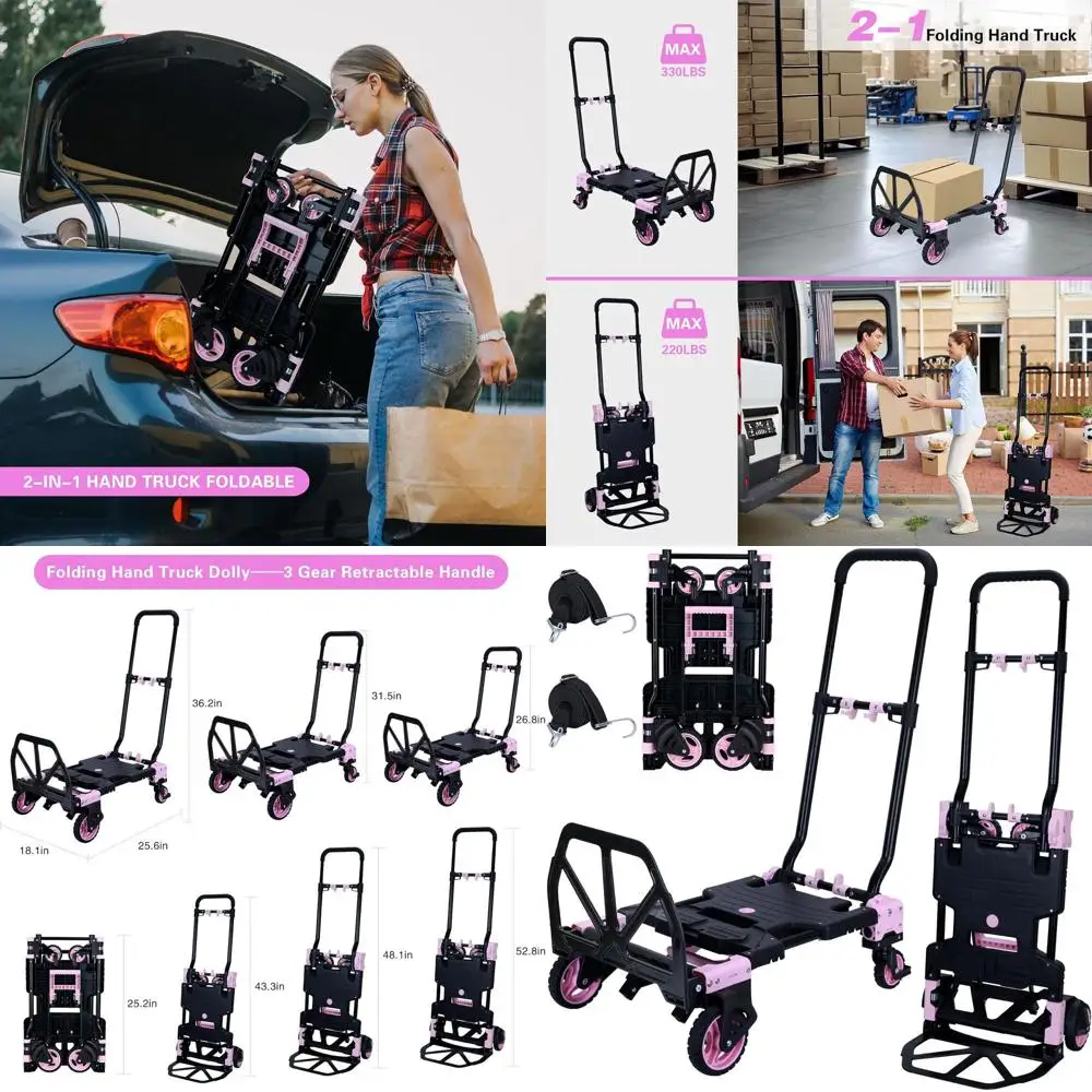 2-in-1 Folding Hand Truck, 330lb Capacity, 3-Speed Adjustable Handle, Portable Collapsible Dolly for Moving (Pink)
2-in-1 Folding Hand Truck, 330lb Capacity, 3-Speed Adjustable Handle, Portable Collapsible Dolly for Moving (Pink)