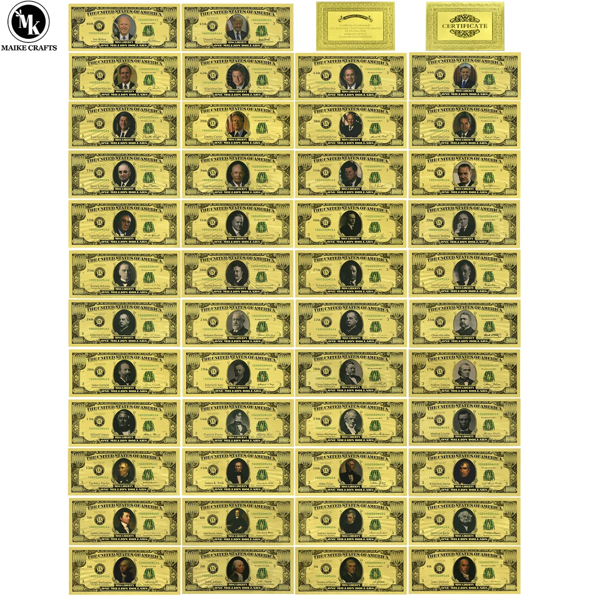 46 Pcs/set 46 Presidents of The United States One Million Dollar Gold Foil Banknotes Collection Gifts
46 Pcs/set 46 Presidents of The United States One Million Dollar Gold Foil Banknotes Collection Gifts