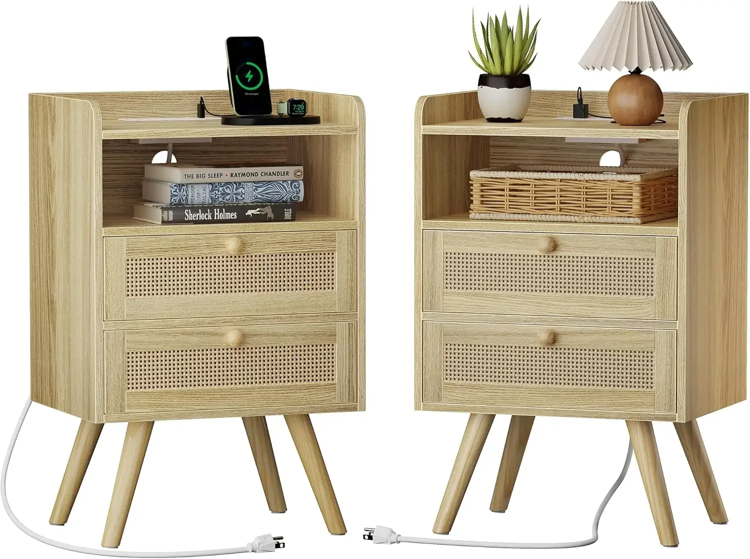 2 Drawer Night Stand with Charger Station, Boho Rattan Nightstand Set of 2, 25.2 Inch Tall Bed Side Table with Solid Wood Feet,
2 Drawer Night Stand with Charger Station, Boho Rattan Nightstand Set of 2, 25.2 Inch Tall Bed Side Table with Solid Wood Feet,