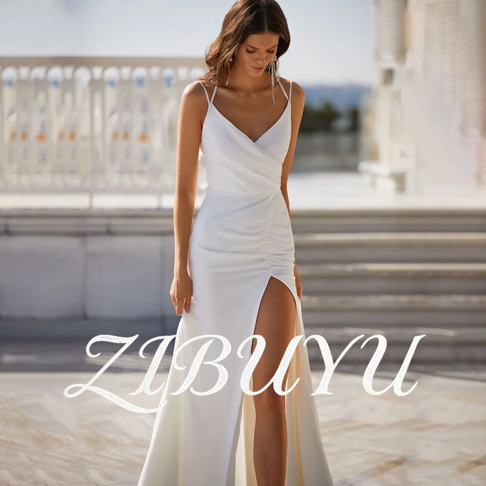 ZIBUYU Customized Simple Satin Wedding Dress Spaghetti Straps V Neck Ruched Waist Open Back High Side Slit Mermaid Bridal Gowns
ZIBUYU Customized Simple Satin Wedding Dress Spaghetti Straps V Neck Ruched Waist Open Back High Side Slit Mermaid Bridal Gowns