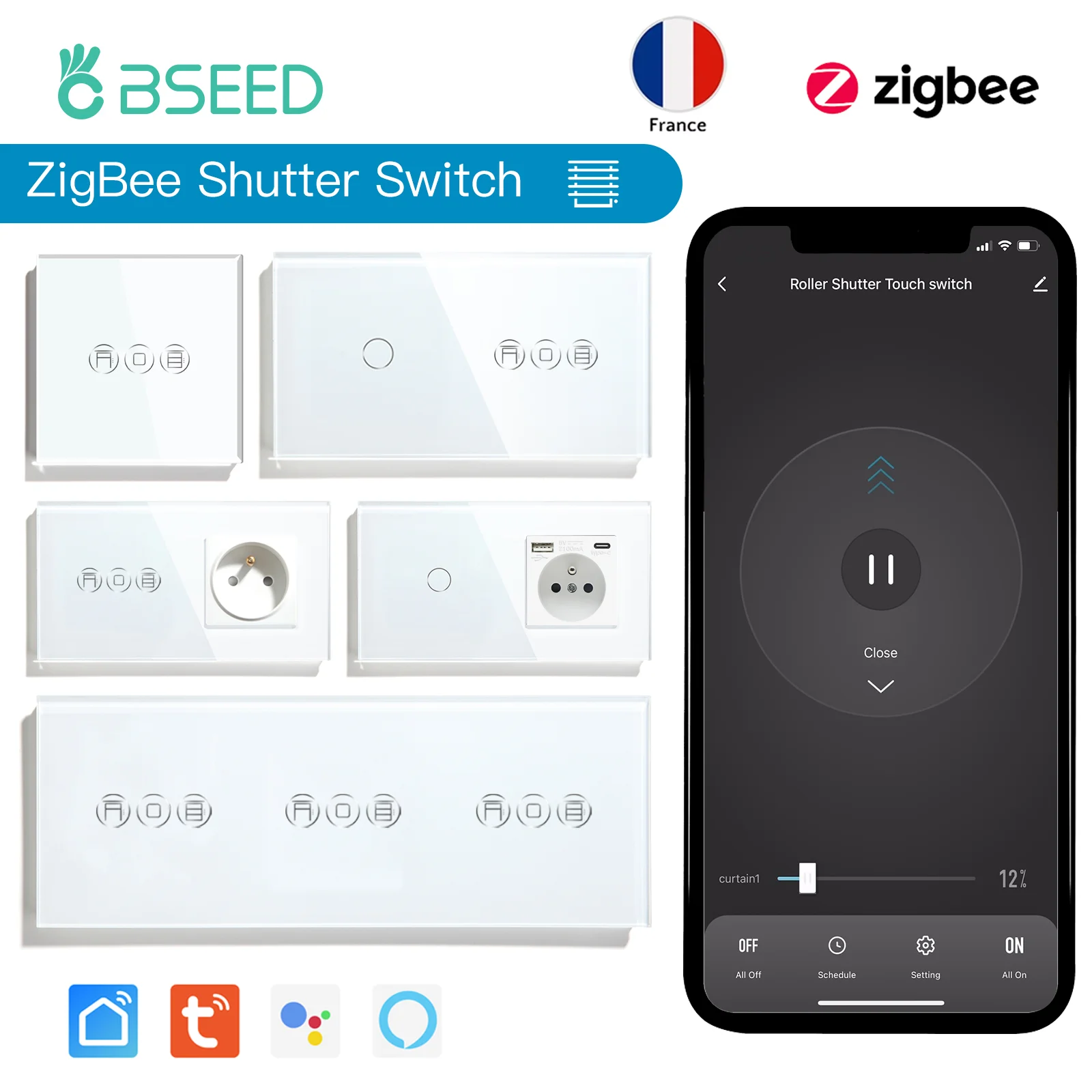 BSEED Zigbee Умные переключатели рольставней Переключатель жалюзи Tuya Smart Life Plus Французские настенные розетки USB Type-c Стеклянная панель 
BSEED Zigbee Умные переключатели рольставней Переключатель жалюзи Tuya Smart Life Plus Французские настенные розетки USB Type-c Стеклянная панель