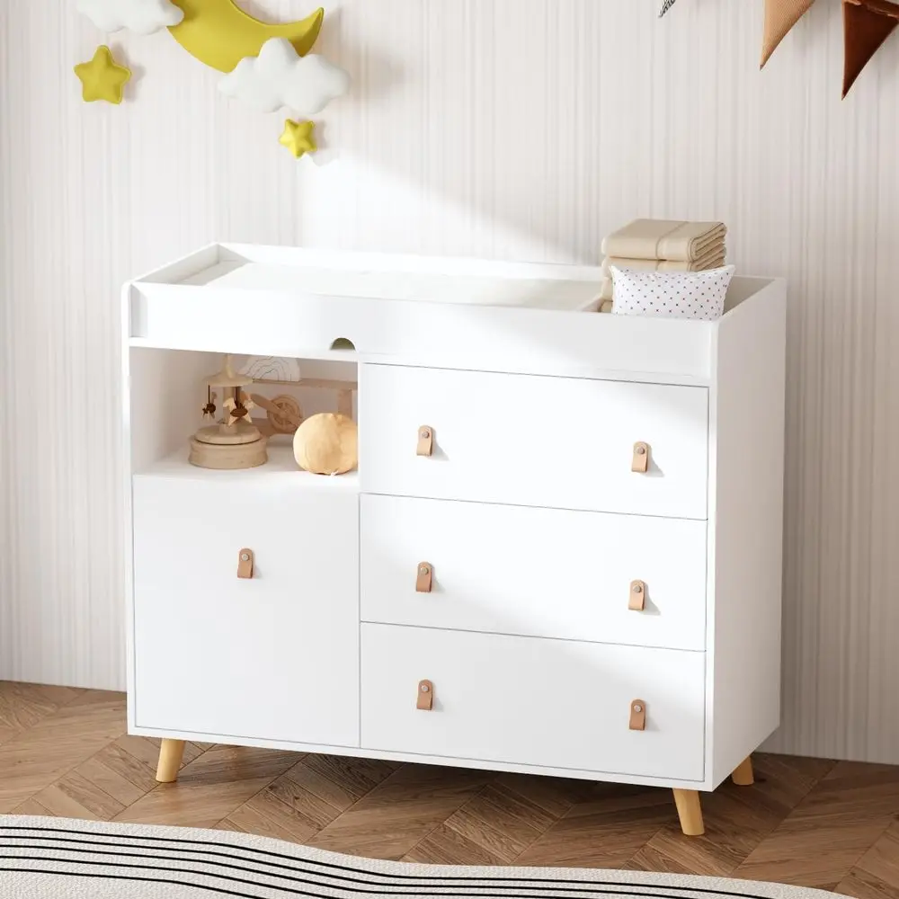 White 4-Drawer Nursery Dresser with Removable Changing Table and Baby Clothes Organizer
White 4-Drawer Nursery Dresser with Removable Changing Table and Baby Clothes Organizer