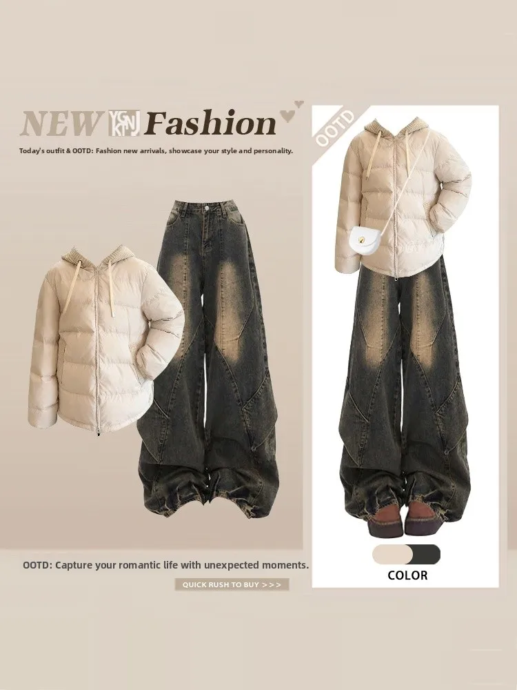 Retro Denim Sle Women's Winter Casual Warm Wide Leg Jeans Jaet Coat Two Piece Set High Waist Knitted Long Sve down Jaet
Retro Denim Sle Women's Winter Casual Warm Wide Leg Jeans Jaet Coat Two Piece Set High Waist Knitted Long Sve down Jaet