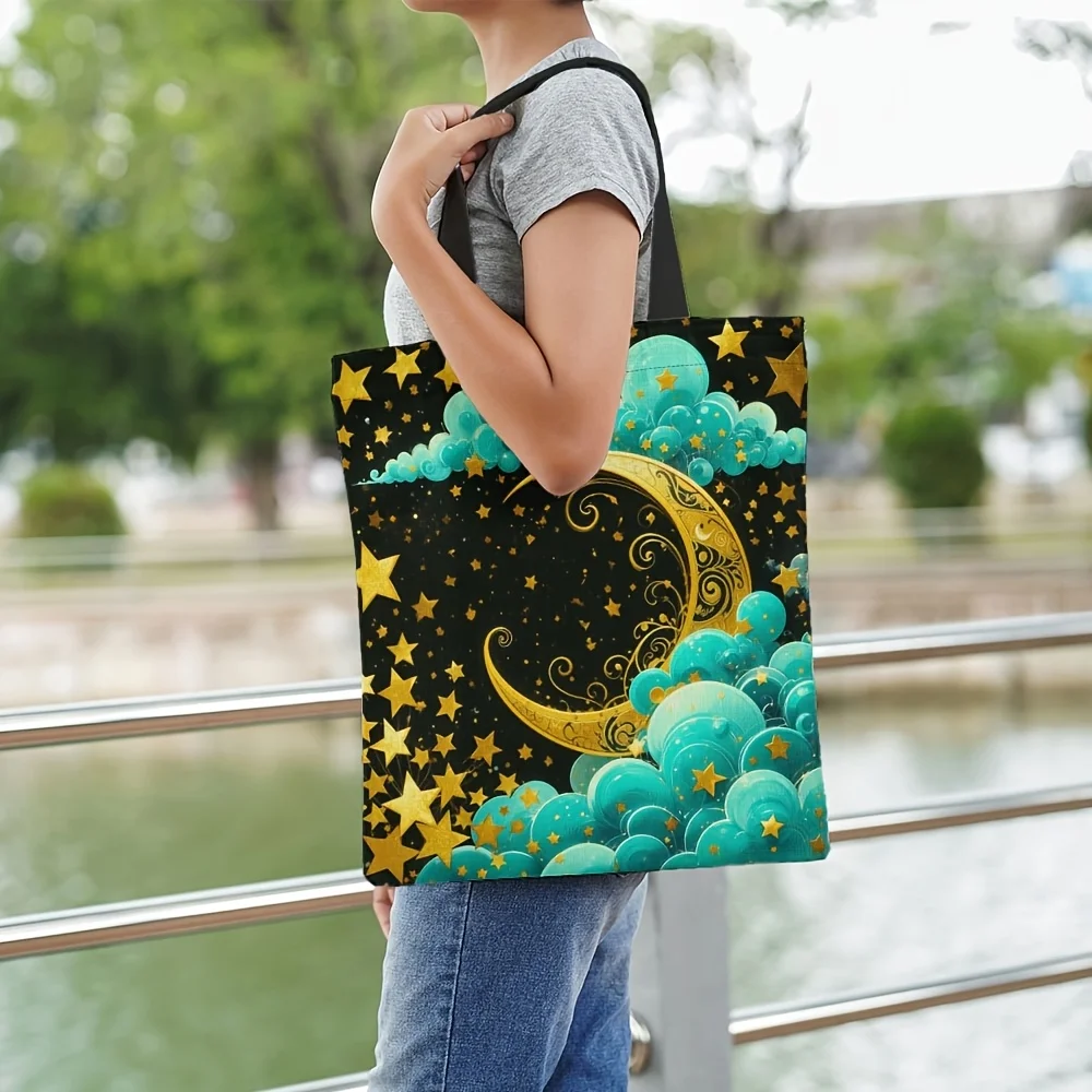 Celestial Moon & Stars Night Sky Print Tote Bag - Polyester Reusable Grocery Bag with Golden Crescent Moon, Blue & Green Stars
Celestial Moon & Stars Night Sky Print Tote Bag - Polyester Reusable Grocery Bag with Golden Crescent Moon, Blue & Green Stars