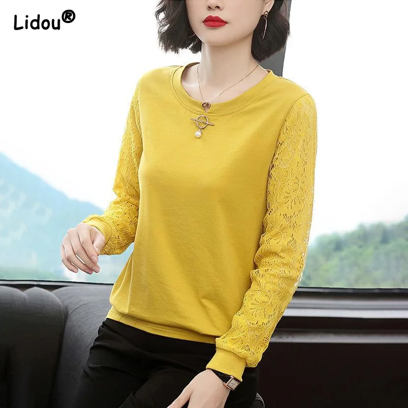Cotton Long Sleeved T-shirt Women's Spring and Autumn New Style Top Loose Lace Temperament Basic Women's Mother with Accessories
Cotton Long Sleeved T-shirt Women's Spring and Autumn New Style Top Loose Lace Temperament Basic Women's Mother with Accessories