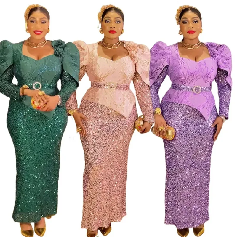African Women's Plus Size Sequin Dress Square Neck Puffy Shoulder Gown Long Sleeves Waist Belt For Weddings Party Christmas
African Women's Plus Size Sequin Dress Square Neck Puffy Shoulder Gown Long Sleeves Waist Belt For Weddings Party Christmas