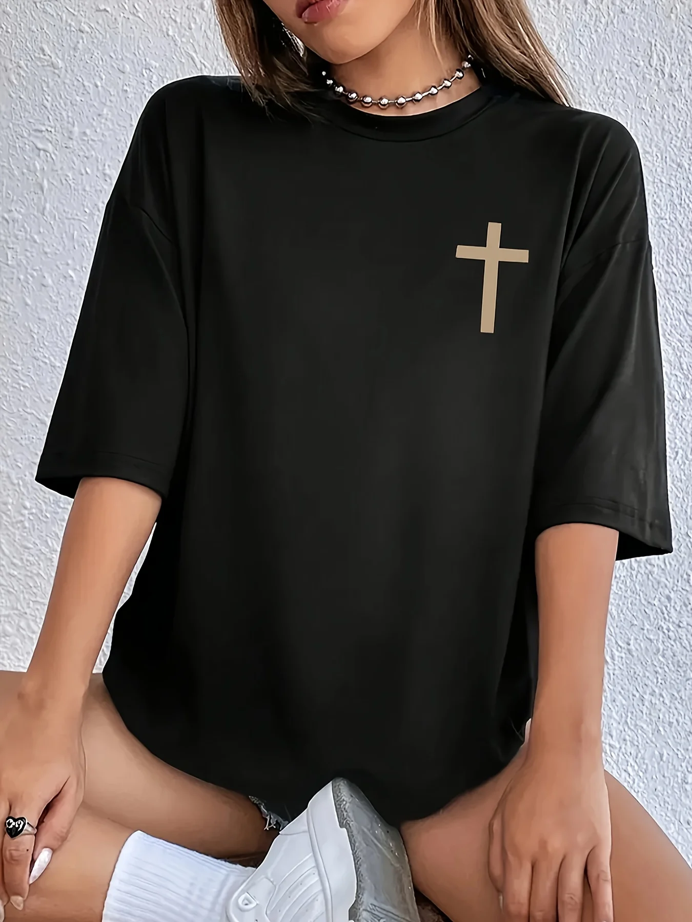 Letter & Cross Print Drop Shoulder T-shirt, Short Sleeve Crew Neck Casual Top For Spring & Summer, Women's Clothing
Letter & Cross Print Drop Shoulder T-shirt, Short Sleeve Crew Neck Casual Top For Spring & Summer, Women's Clothing