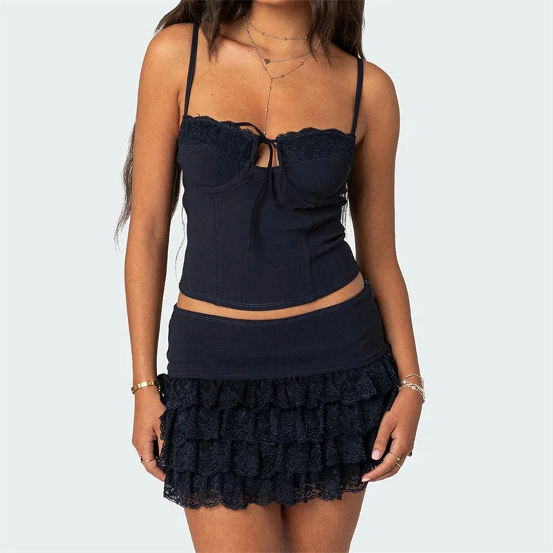 2 Piece Sets Women Outfit Sexy Lace Patchwork Zipper Camisole Tops and Layered Ruffles Skirt Party Clothes Streetwear
2 Piece Sets Women Outfit Sexy Lace Patchwork Zipper Camisole Tops and Layered Ruffles Skirt Party Clothes Streetwear