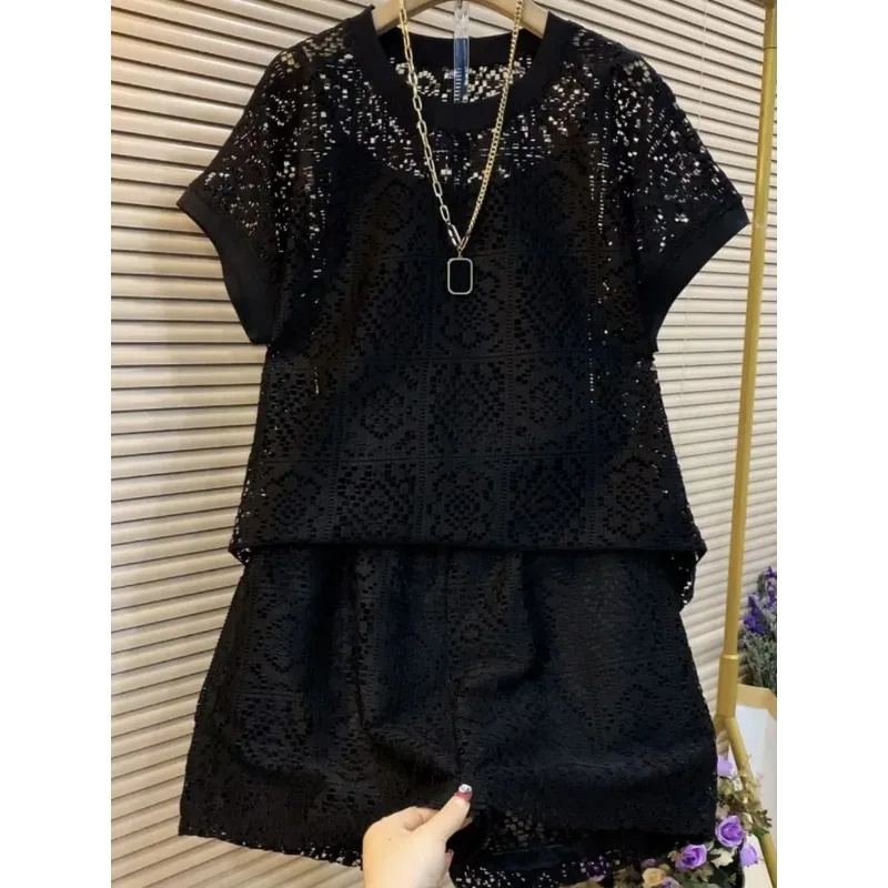 Women French Hollow Out Lace Short Sleeve Top And Shorts Three Piece Casual Loose Slim Fit Summer Outfit Set
Women French Hollow Out Lace Short Sleeve Top And Shorts Three Piece Casual Loose Slim Fit Summer Outfit Set