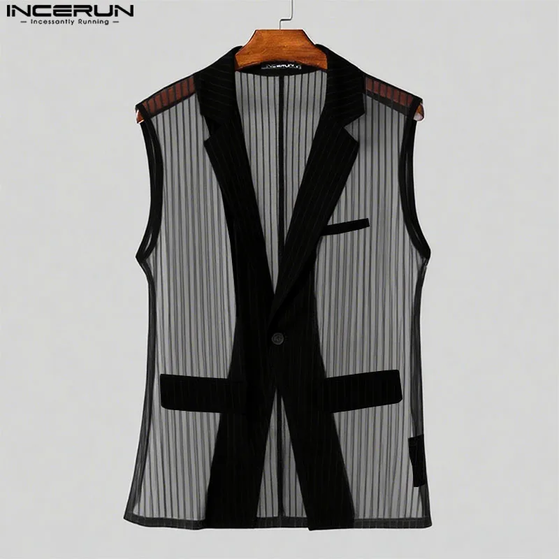 Summer Men Vests INCERUN Mesh Striped Transparent Sexy Lapel Sleeveless One Button Male Waistcoats Streetwear Casual Vests S-5XL
Summer Men Vests INCERUN Mesh Striped Transparent Sexy Lapel Sleeveless One Button Male Waistcoats Streetwear Casual Vests S-5XL