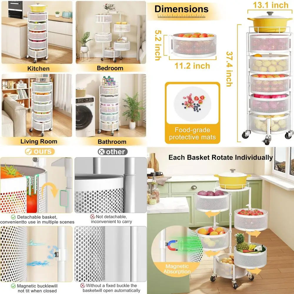 5-ярусная вращающаяся подставка для хранения с проволочными корзинами для фруктов, овощей и кухонных принадлежностей (белая)
5-ярусная вращающаяся подставка для хранения с проволочными корзинами для фруктов, овощей и кухонных принадлежностей (белая)