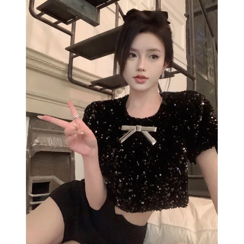Glitter Knot Short Sleeve T-Shirt Women's Sweet Spicy Short Style Korean Version Commute Style Pure Color Top
Glitter Knot Short Sleeve T-Shirt Women's Sweet Spicy Short Style Korean Version Commute Style Pure Color Top