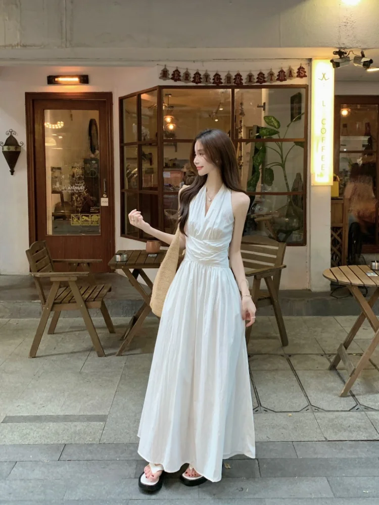 Beach Vacation Style White Elegant Fashion Pleated Neck Hanging Long Dress Women Summer Waist Cinching Slim A-Line Dress
Beach Vacation Style White Elegant Fashion Pleated Neck Hanging Long Dress Women Summer Waist Cinching Slim A-Line Dress