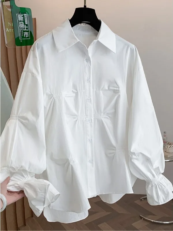 Loose Women's irt Bell Sve Pure Color Pleated Design Spring Autumn Meat Concealing Slimming irt Girl's Collar Button
Loose Women's irt Bell Sve Pure Color Pleated Design Spring Autumn Meat Concealing Slimming irt Girl's Collar Button