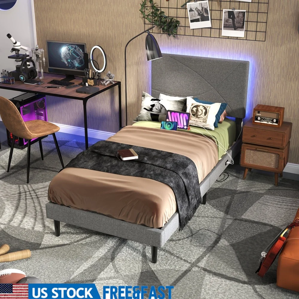 Twin Size Upholstered Bed Frame with Lights USB Charging Ports Modern Design Sturdy Wood Slat Support Apartment Dorm Room
Twin Size Upholstered Bed Frame with Lights USB Charging Ports Modern Design Sturdy Wood Slat Support Apartment Dorm Room