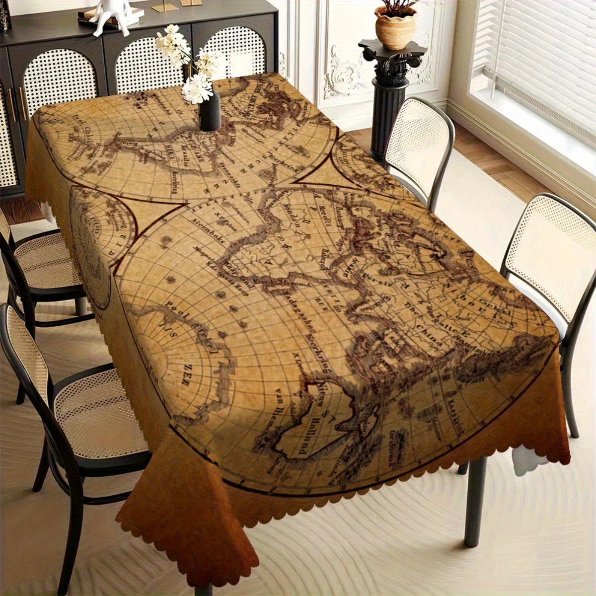 Antique Style World Map Tablecloth, Aged Parchment Background, Scalloped Hem, Durable Fabric, for Indoor Dining & Study Room Use
Antique Style World Map Tablecloth, Aged Parchment Background, Scalloped Hem, Durable Fabric, for Indoor Dining & Study Room Use