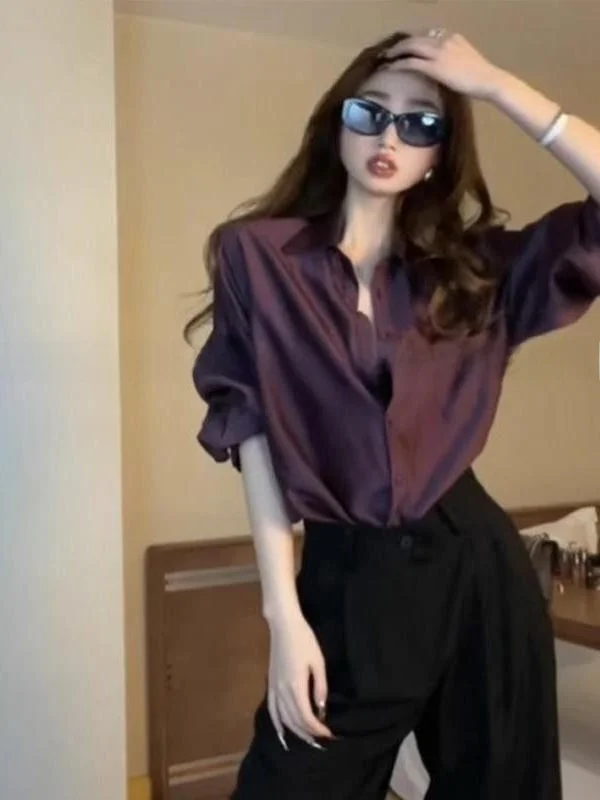 Purple Silk Satin irt Women's Spring Autumn Loose Long Sve Career Sle Small Size High End Feeling irt Korean Sle
Purple Silk Satin irt Women's Spring Autumn Loose Long Sve Career Sle Small Size High End Feeling irt Korean Sle