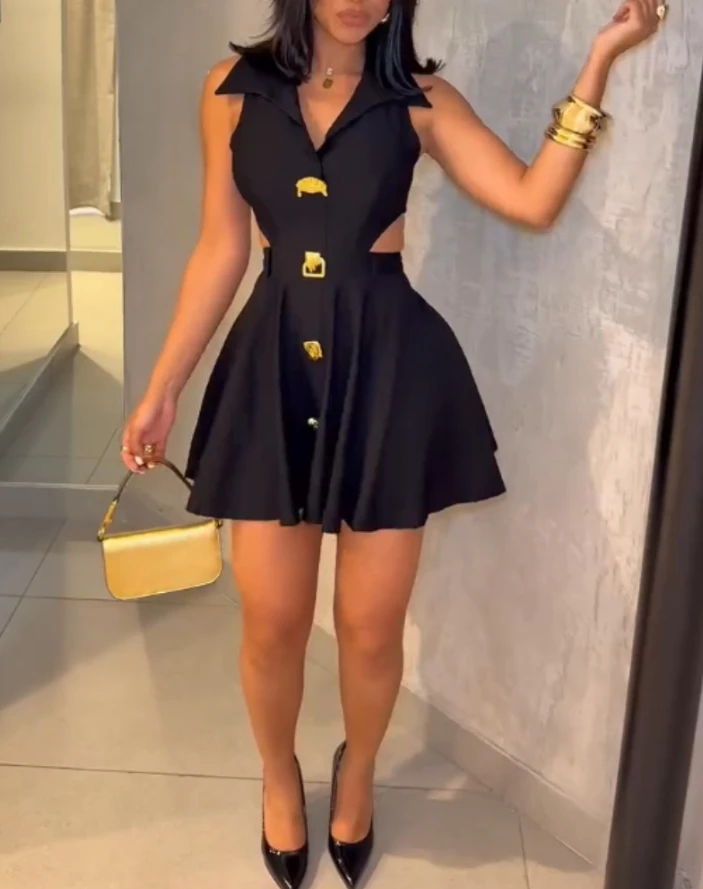 2025 Metal Button Decoration Lapel Sleeveless Hollowed Out Party Dress, Summer Fashion and Sexy Women's Sleeveless A-Line Dress
2025 Metal Button Decoration Lapel Sleeveless Hollowed Out Party Dress, Summer Fashion and Sexy Women's Sleeveless A-Line Dress