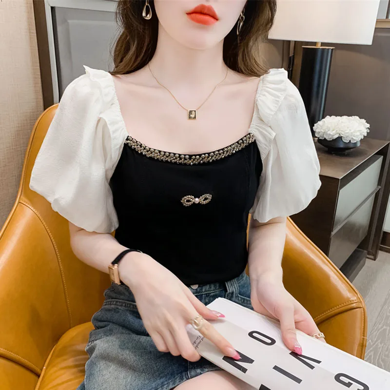 New Fashion Women's Puff Sleeve T-Shirt Summer Elegant Square Collar Hot Diamond Knitted Tops Slim Elastic Female Clothes Tees
New Fashion Women's Puff Sleeve T-Shirt Summer Elegant Square Collar Hot Diamond Knitted Tops Slim Elastic Female Clothes Tees